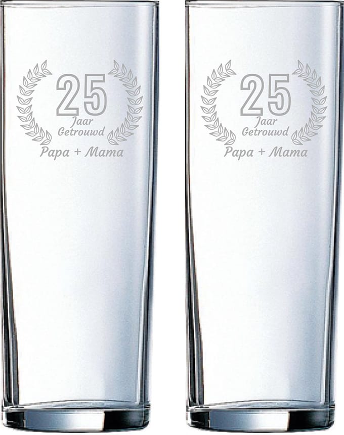 Gegraveerde set Longdrinkglazen 31cl Papa + Mama 25 jaar getrouwd