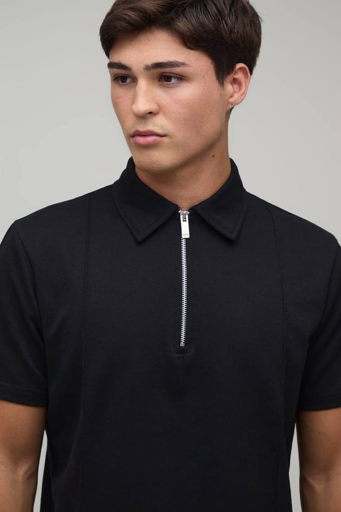 Regular Fit Polo En Short Set Met Naaddetail En 1/4 Rits | Black | Size Medium