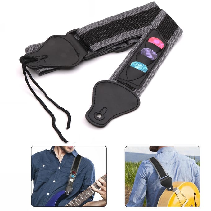 Verstelbare schouderband voor elektrische/akoestische gitaar/basgitaar met 3 plectrums grijs