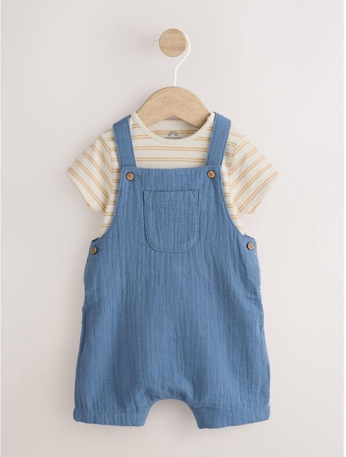 Next - Jongens - Set voor baby's van geweven tuinbroek en rompertje - Blauw