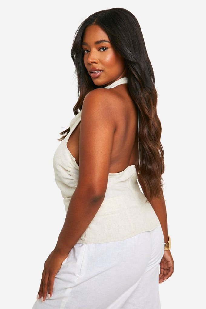 boohoo Dames Plusmaat Linnenlook Tie Halterneck Top | Steen | Maat: 54