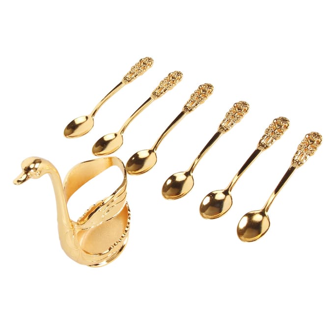 6 stuks Koffielepel Set Exquise Decoratieve Metalen Lepels met Basis Houder voor Dessert IJs Taart Goudkleurig beige