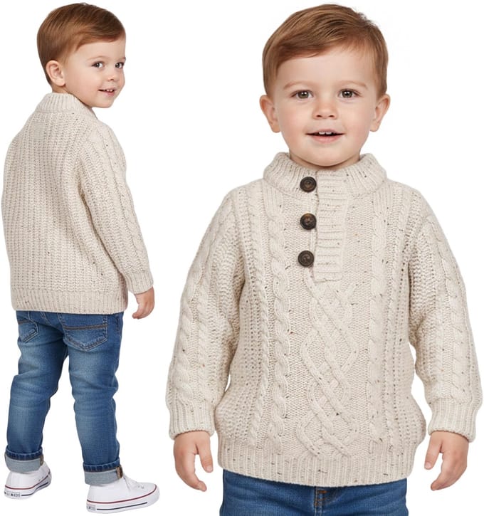 Beige, warme kindertrui met knopen, wintertrui voor jongens