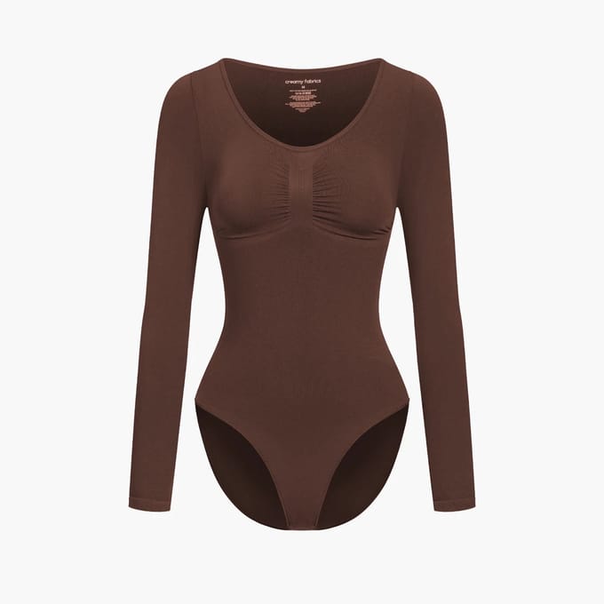 cfab - Bodysuit met corrigerende werking, lange mouwen en bijpassend slipje - Bruin - S