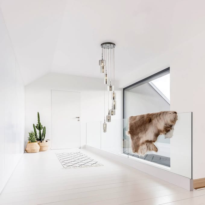 Searchlight Linnen hanglamp, 9-lamps, chroom/rookkleurig, glas, G4