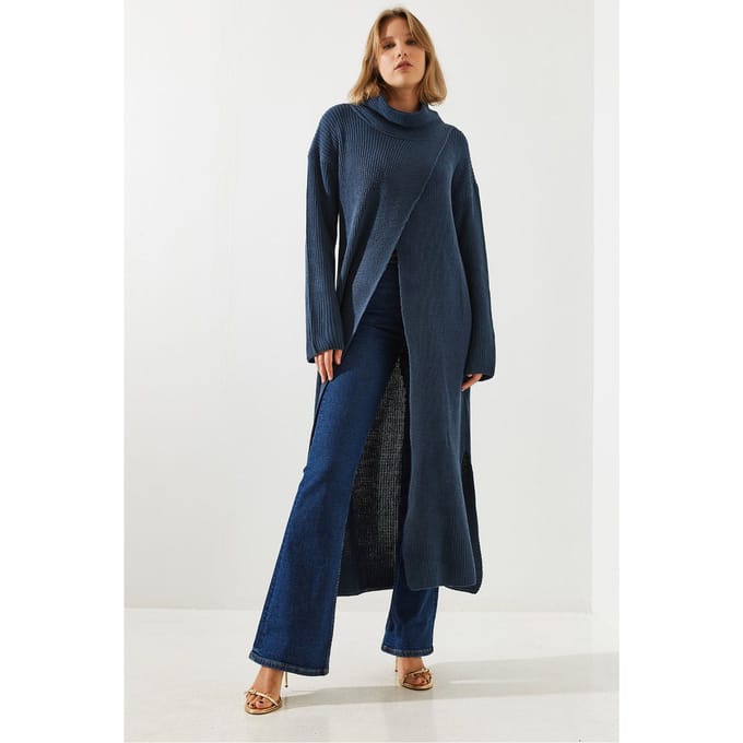 Gestructureerde Turtleneck Maxi Jurk met Split