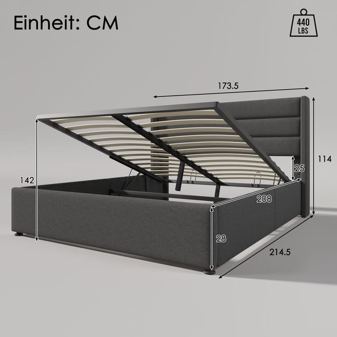 Hydraulisch gestoffeerd tweepersoonsbed 160 x 200 cm met Opbergruimte - Linnen - grijs - lattenbodem - voor slaapkamer - linnenstof