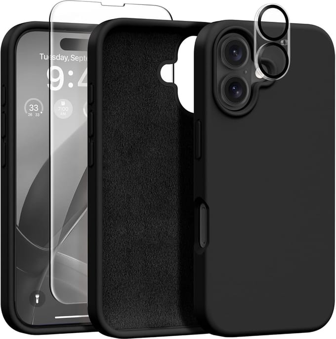 Solid hoesje Soft Touch Liquid Silicone Flexible TPU Rubber + Screenprotector - Camera Lens - Geschikt voor: iPhone 16 Plus - Zwart