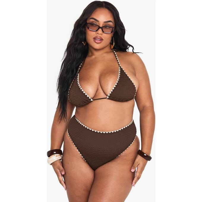 boohoo Dames Plus Contrasterende Stiksels Driehoek Bikini Set | Chocolate | Maat: 28