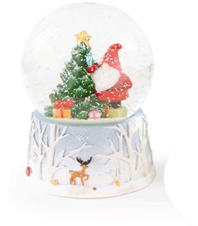 Sneeuwbol kerstman met kerstboom op mooi versierde voet met sneeuwlandschap Ø7cmx9cmH