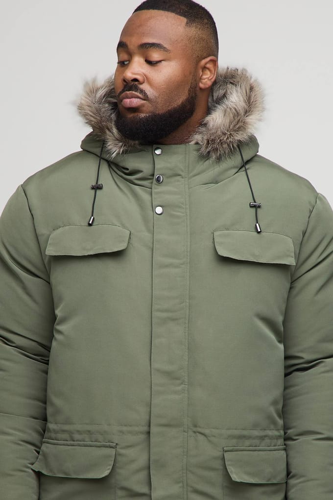 Plus Faux Fur Hooded Arctic Parka Jacket in Black | Khaki | Size 2XL