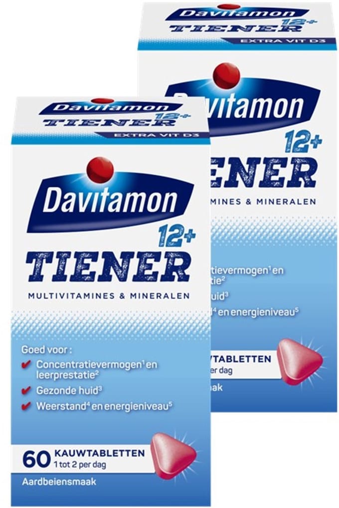 Davitamon Tiener Multi Boost 12+ Kauwvitamines - multivitaminen kinderen – aardbei smaak - 2 x 60 kauwtabletten - BUNDEL 2 STUKS