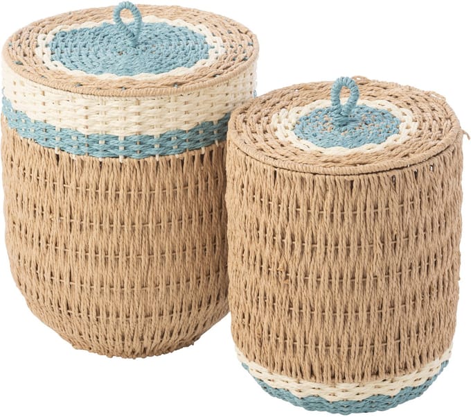 J-Line mand met deksel Gestreept - papier - naturel/lichtblauw - set van 2