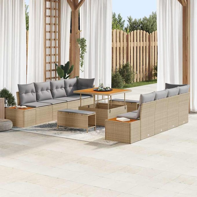 vidaXL - Tuinbank - Set - 11 - st - 10-zits - Beige - Poly - rattan
