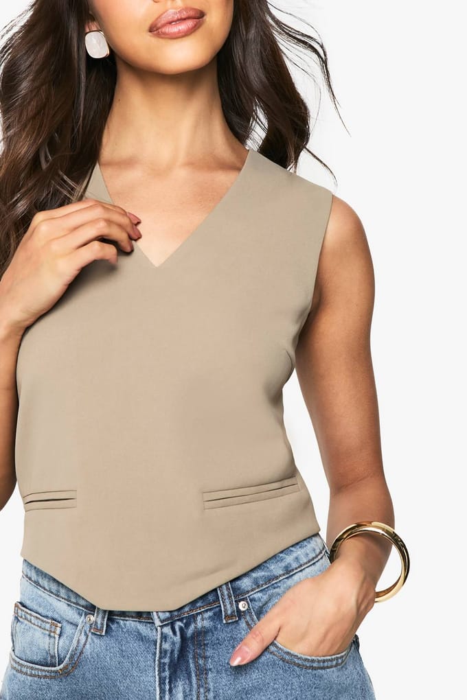 boohoo Dames Geweven gebogen zoom crop top | Mocha | Maat: 8