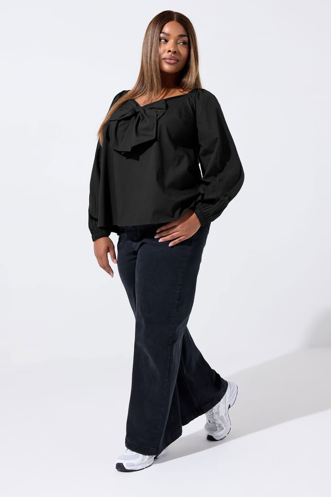Limited Collection Zwarte Poplin Top Met Strik Aan De Voorkant Size 42