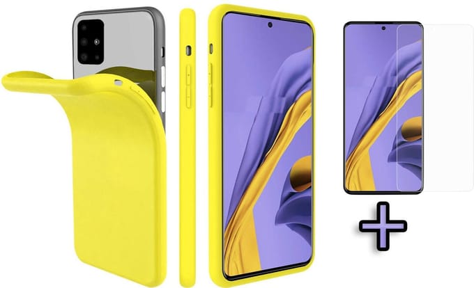 HB Hoesje Geschikt voor Samsung Galaxy A51 - Siliconen Back Cover + Tempered Glazen Screenprotector - Geel