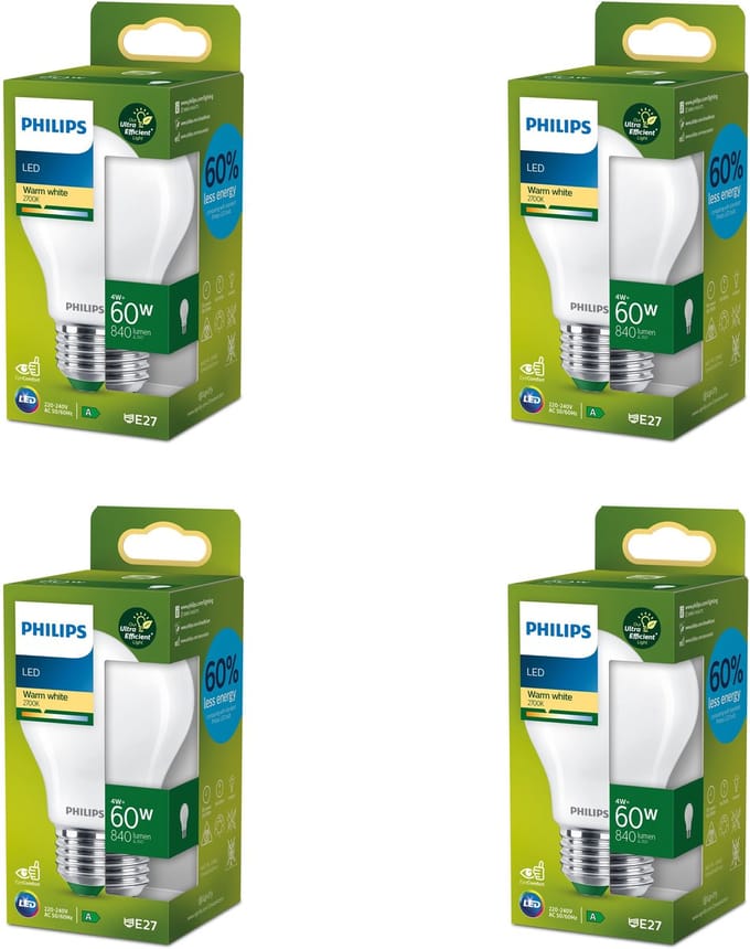 Philips Voordeelverpakking - E27 - Ultra Efficient - LED Standaard lamp - Mat - 60W - Niet Dimbaar - Warmwit Licht - Set van 4 Stuks
