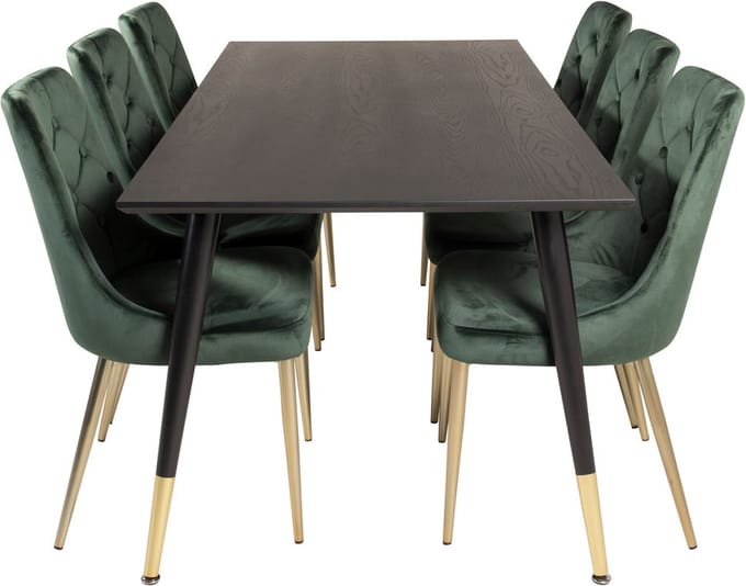 Dipp180x90BLBR eethoek eetkamertafel zwart en 6 Velvet Deluxe eetkamerstal velours groente, messing decor.