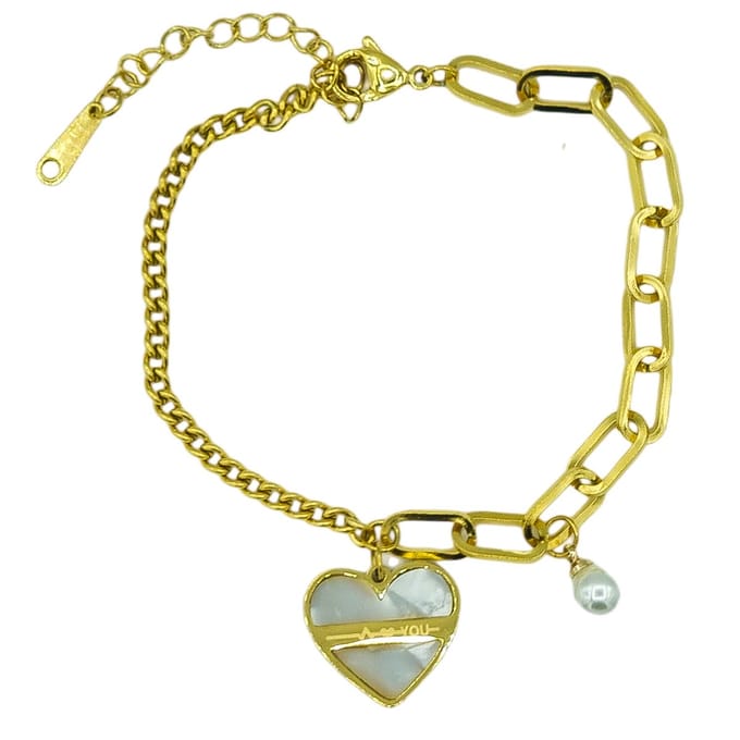 Goudkleurige Stalen Armband met Parelmoer Hartbedel