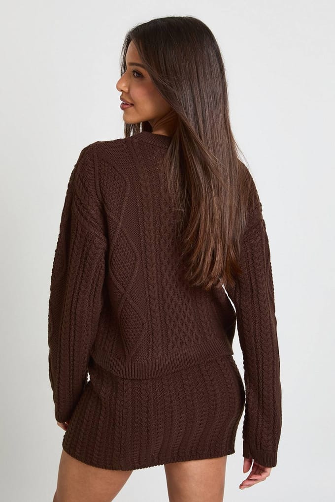 boohoo Dames Ronde hals kabeltrui en minirok | Chocolate | Maat: Medium