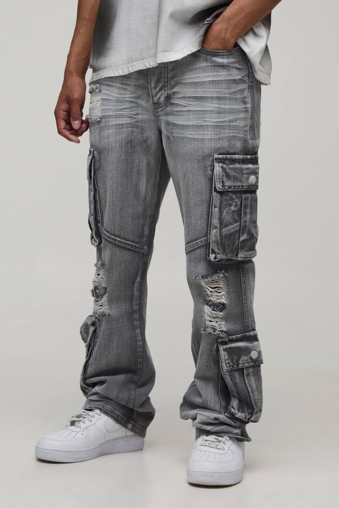 Crease Wash Slim Flare Cargo Jeans | Ice Grey | Size 46R