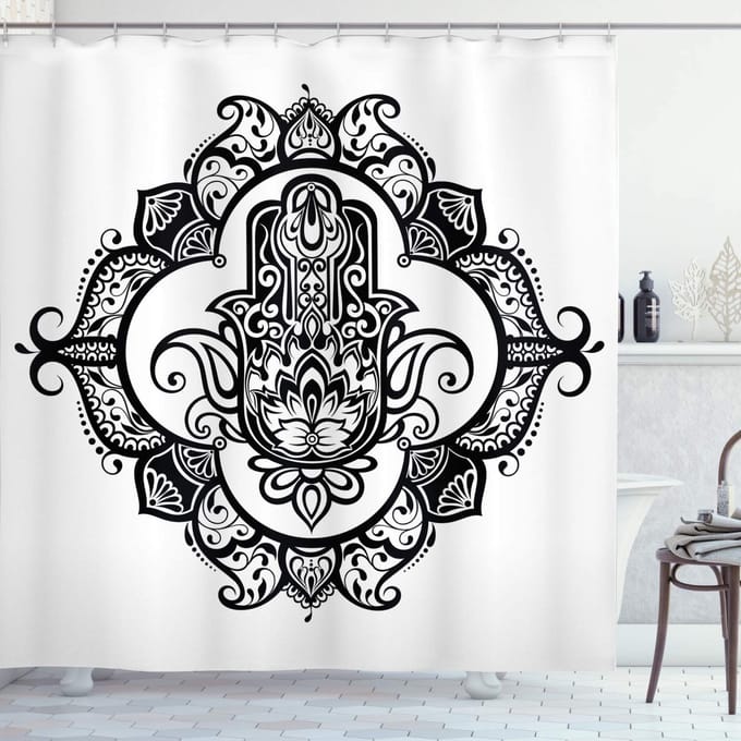 ABAKUHAUS Hamsa Douchegordijn – 175x240 cm – Wit/Zwart, Polyester, Waterafstotend