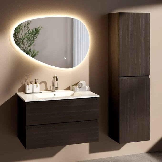 Badkamermeubelset Avello - 80cm - Walnoot Eiken - Wastafel Wit - PRE-ORDER