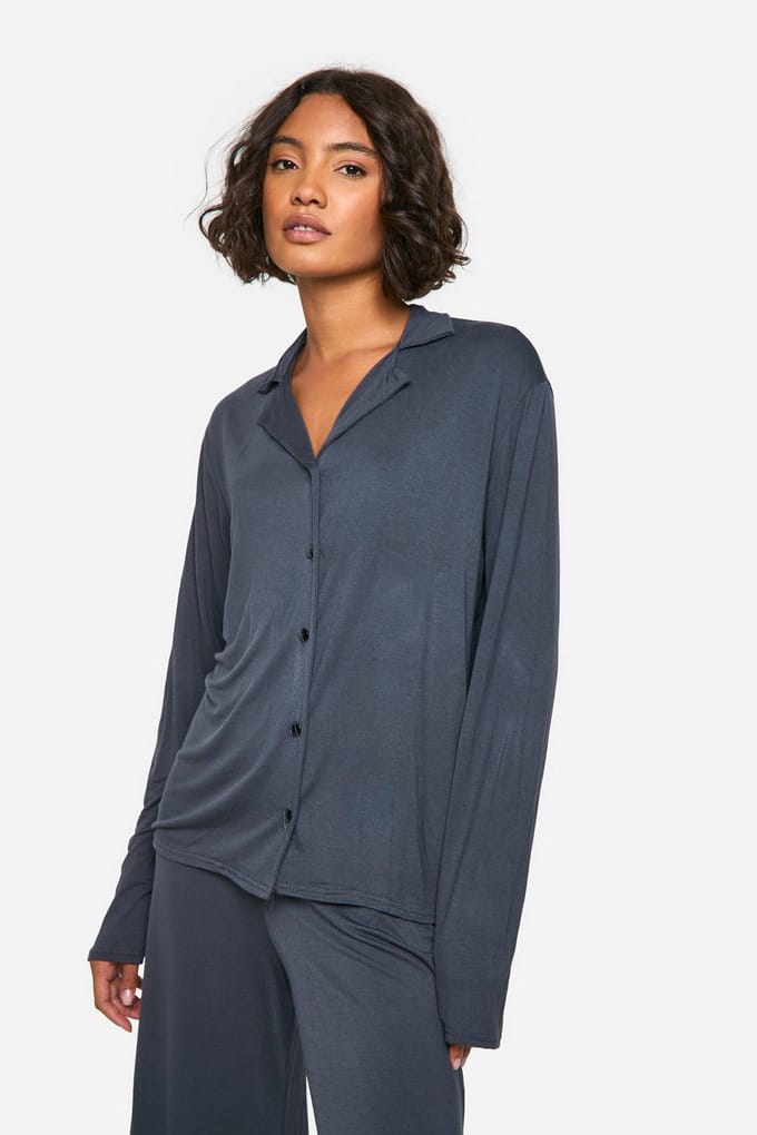 boohoo Dames Tall Long Sleeve Shirt & Trousers Pyjama Set | Navy | Maat: 16