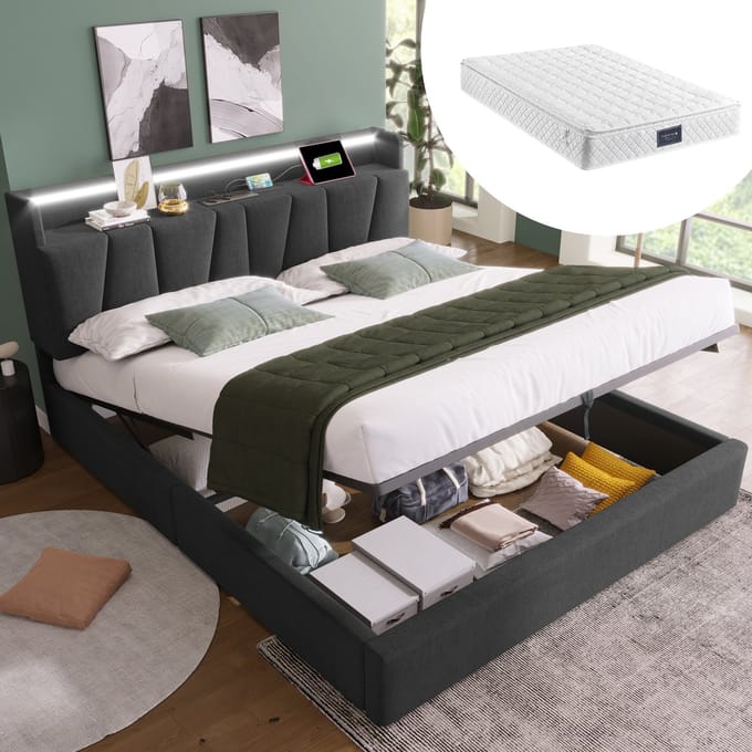 MODFU Bedframe 140x200 cm – Met opberghoofdbord, LED, USB/Type-C én matras – Compleet pakket – Grijs