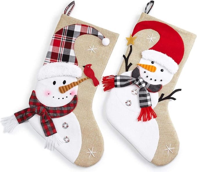Set van 2 Grote 3D Kerstsokken - Sneeuwpop - Jute - 54 x 28 x 1.5 cm