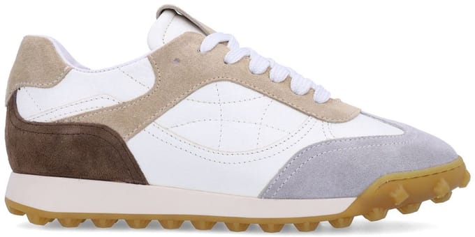 Manfield - Dames - Witte leren sneakers met beige suède details - Maat 40