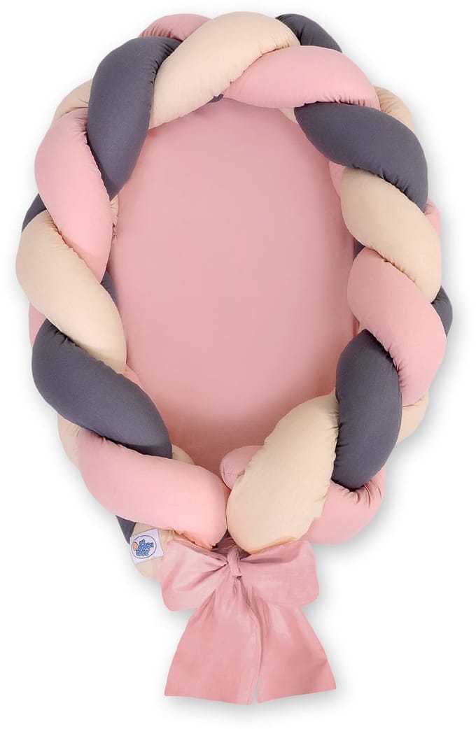 Gevlochten babynest 2 in 1 - beige-pastelroze-antraciet