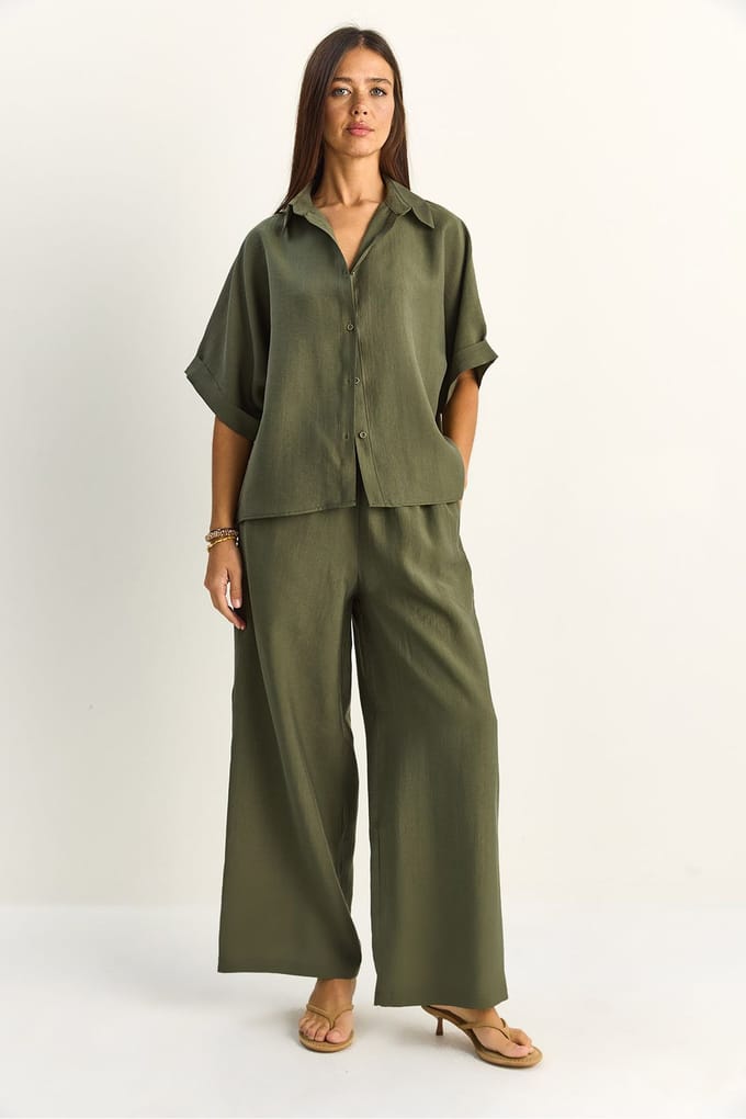 Hoge Taille Brede Pijpen Twee-Delig Co-ord Set met Kraag