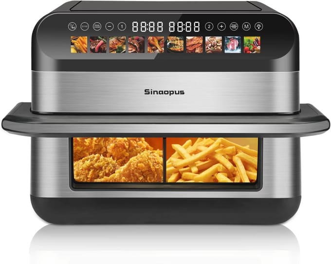 Dubbele Airfryer 10L - 2200W - Dual Zone Heteluchtfriteuse - Touchscreen - 10 Voorgeprogrammeerde Programma's - Kijkvenster - Zwart/RVS