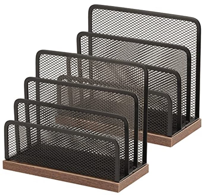 Bureau-organizer met metalen gaas en houten basis - Post- en documenthouder met 3 vakken