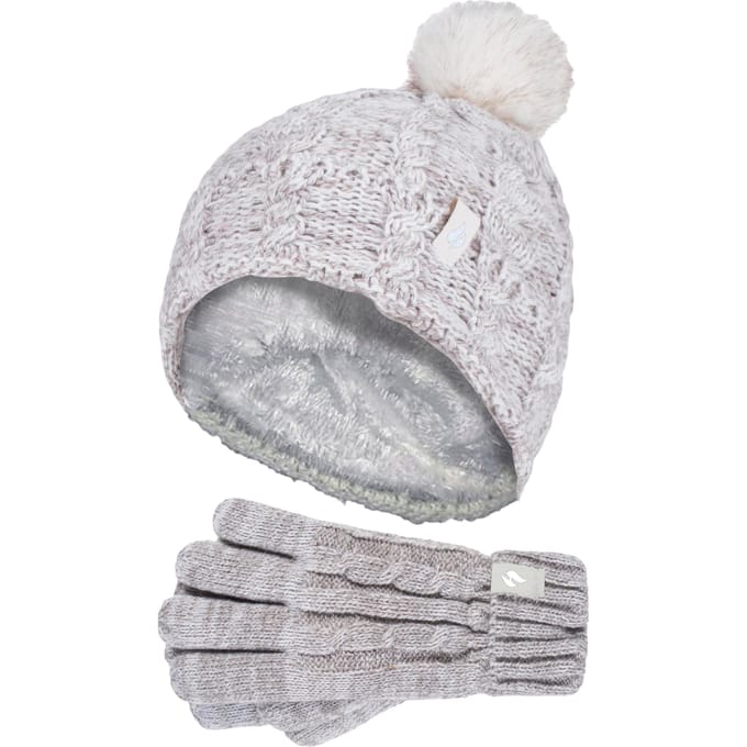 Heat Holders Meisjes Cable Bobble Muts En Handschoenen Set - Havermoutwending