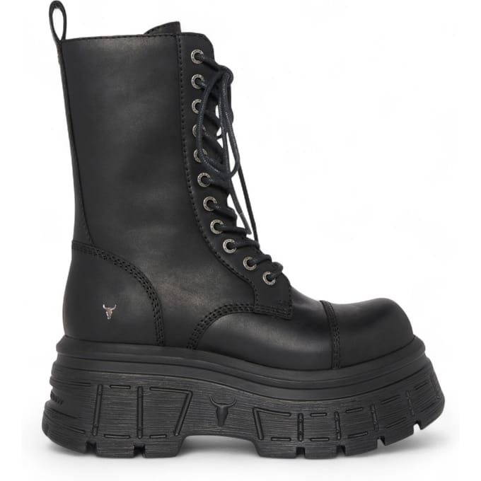 Windsorsmith Dames Zwarte Mid-Calf Biker Leren Platform Combat Boots - Screaming
