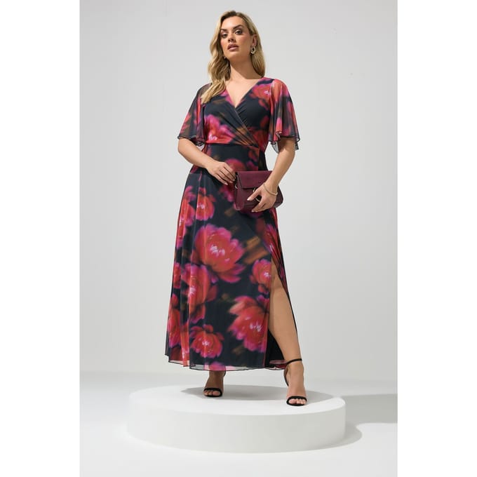 Yours London Zwarte En Roze Abstracte Bloemenprint Mesh Jurk Size 42