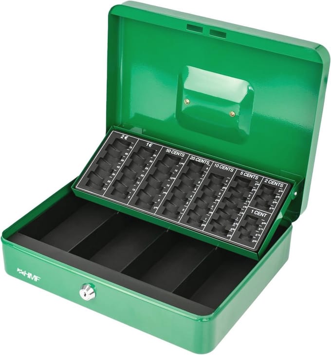 Geldcassette met telbord, afsluitbaar, 30,5 x 24 x 8,5 cm, groen