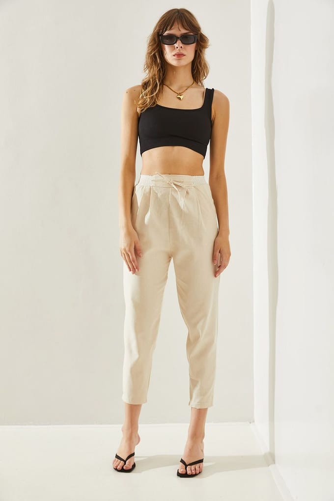 Katoenen Elastaan Rechte Pantalon met Strik