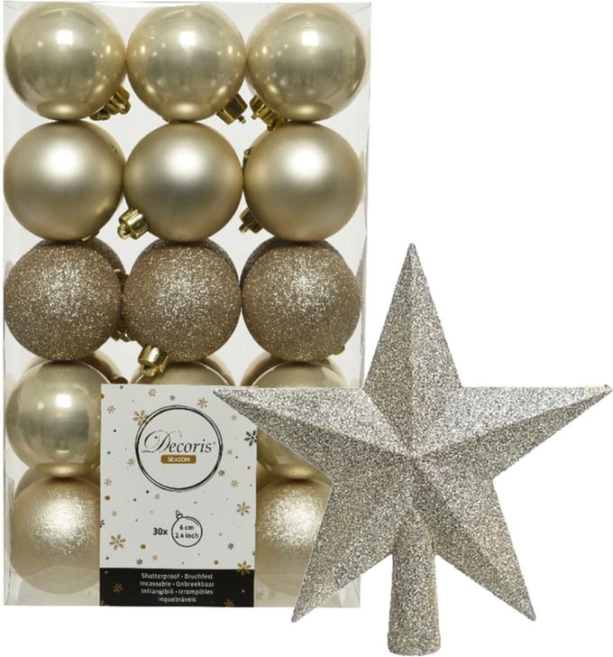 Decoris Kerstballen - 30x kunststof - 6 cm - inclusief ster piek - champagne goud