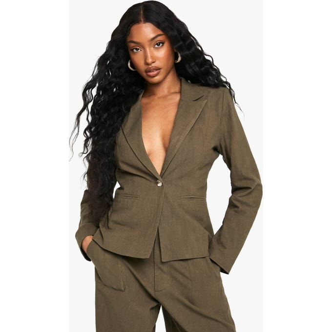 boohoo Dames Tailored Linen Look Single Breast Blazer | Kaki | Maat: 36
