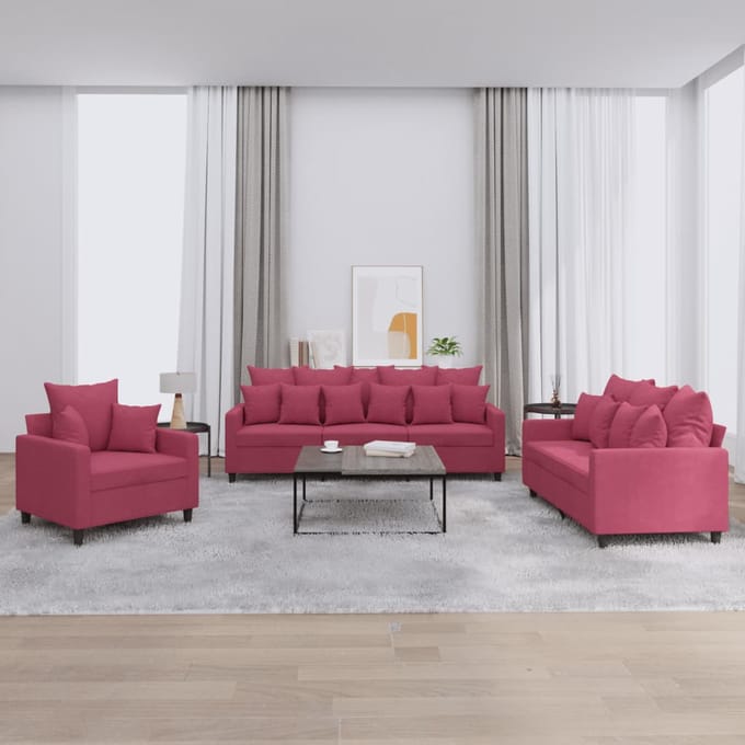 vidaXL - 3-delige - Loungeset - met - kussens - fluweel - wijnrood