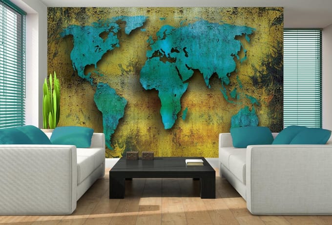 World Map On Wood Photo Wallcovering