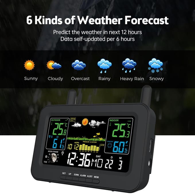 Weerstations Draadloze binnen-buitenthermometers LCD-kleurendisplay Temperatuur-vochtigheid EU Plug
