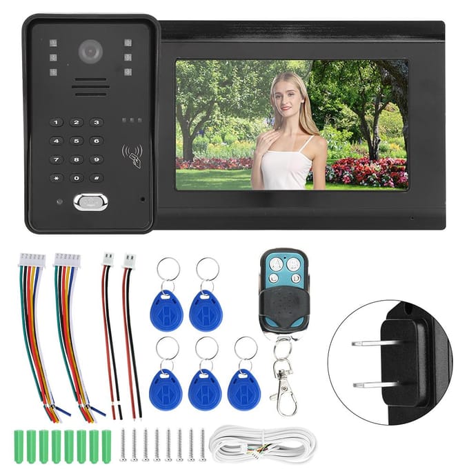 Sonnette Vidéo 7 pouces Filaire WIFI Télécommande APP Déverrouillage par Mot de Passe Vision Nocturne IR Interphone Étanche