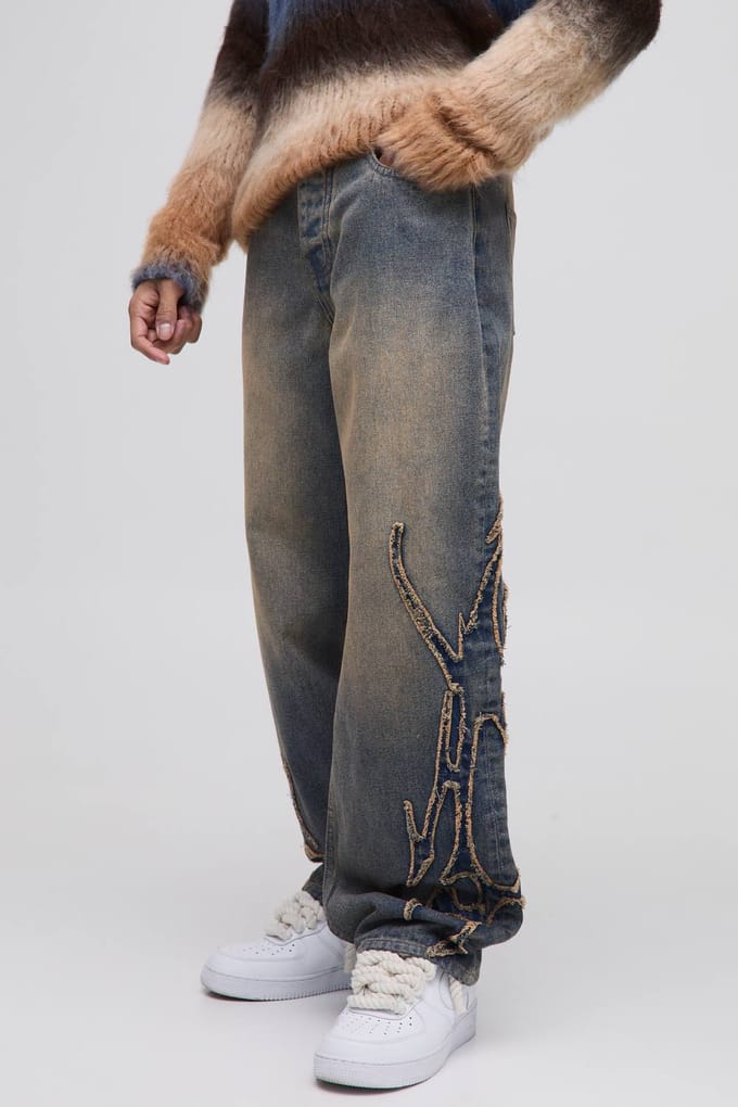 Relaxed Fit Stone Washed Tribal Applique Jeans | Stonewash | Size 28R