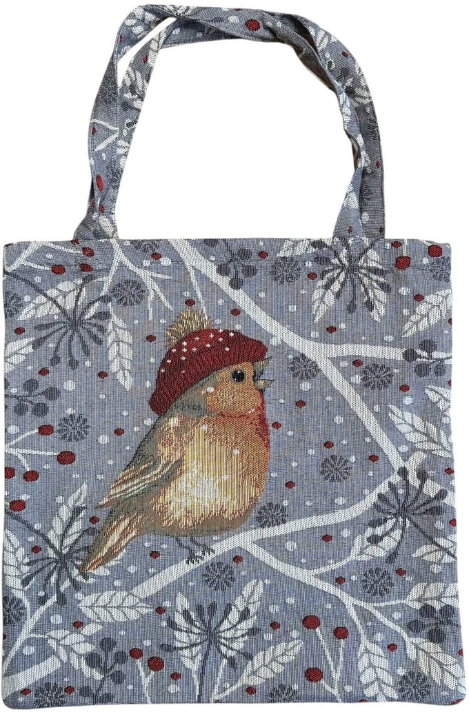 Boodschappentas -Kerst - Vogel met muts - Roodborstje - 45 x 45 cm