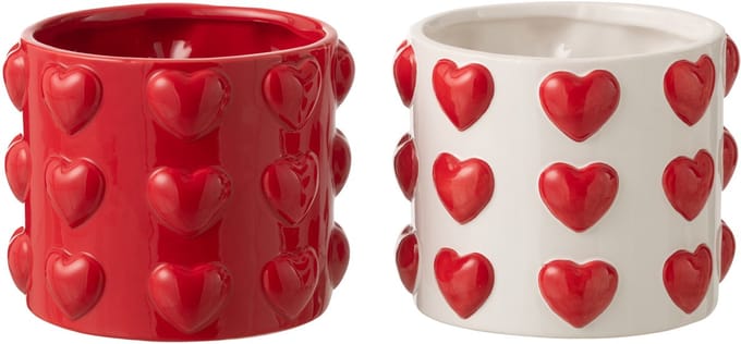 J-Line bloempot Harten Motieven - keramiek - wit/rood - large - set van 2